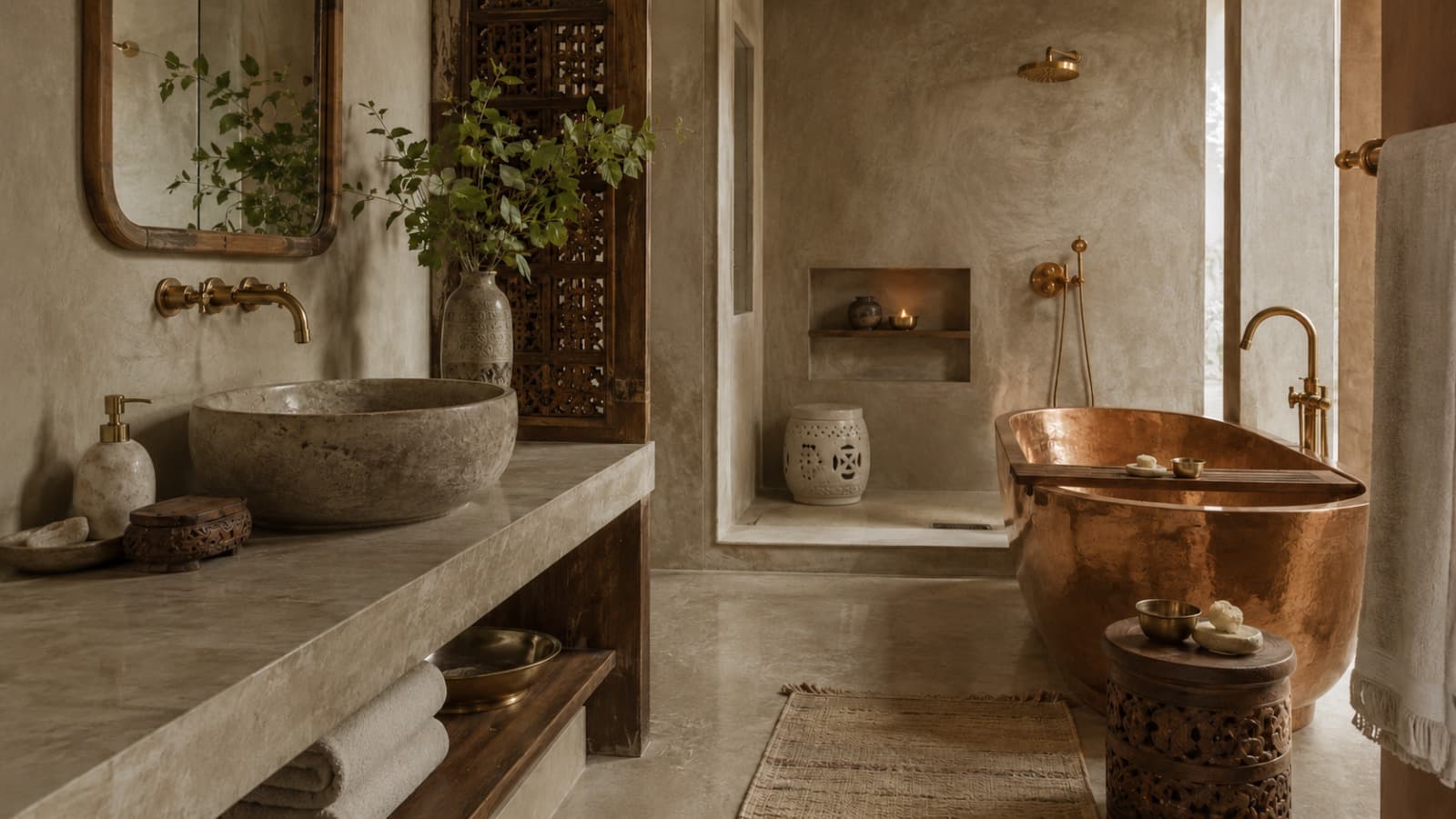 Stone vessel and natural materials in a refined interior